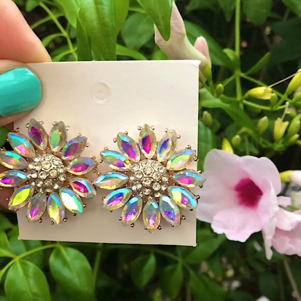 Aurora Borealis Sunflower Crystal Earrings